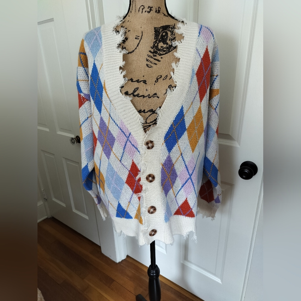 Signature Eight  Argyle Distressed Trim Cardigan Women's